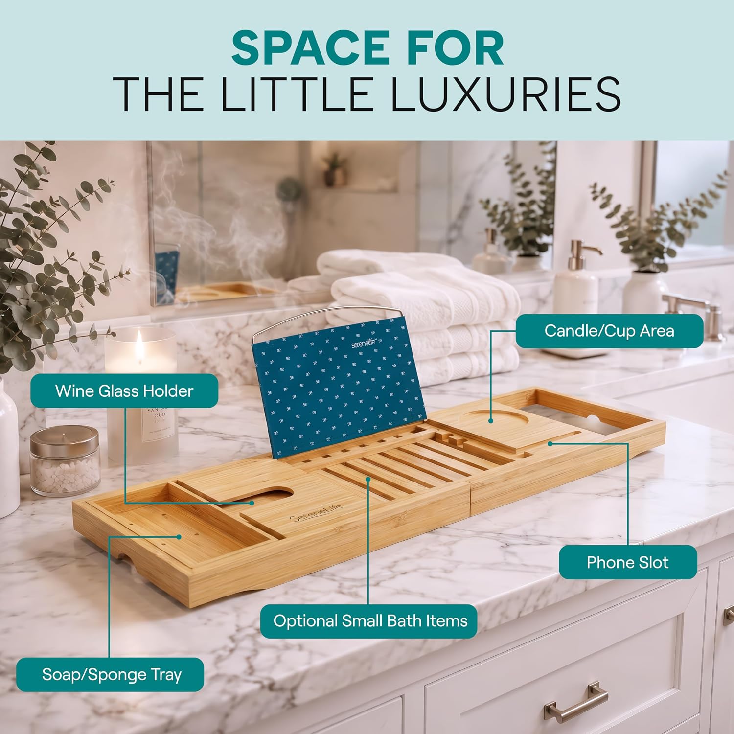SereneLife Luxury Bamboo Bathtub Caddy Tray