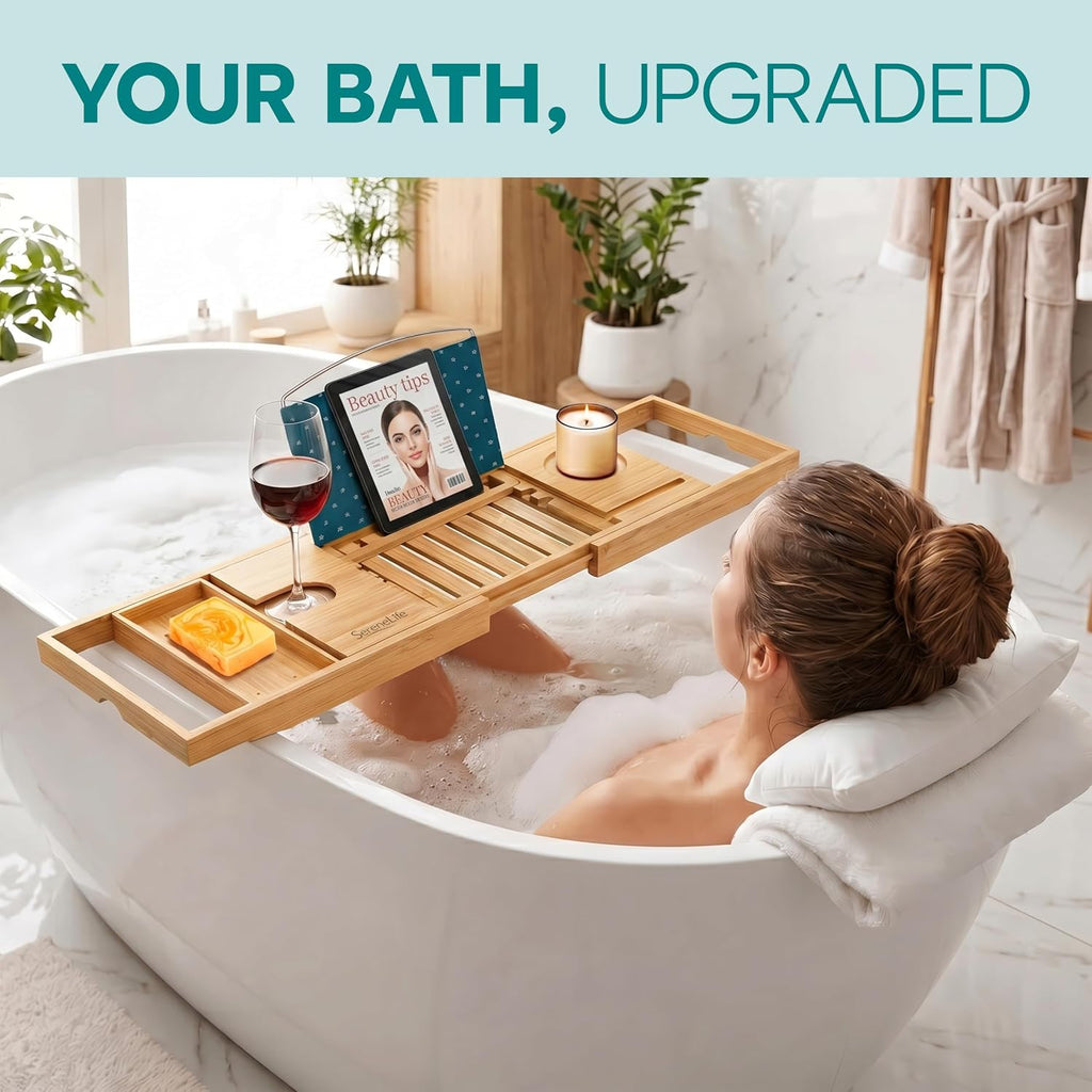 SereneLife Luxury Bamboo Bathtub Caddy Tray