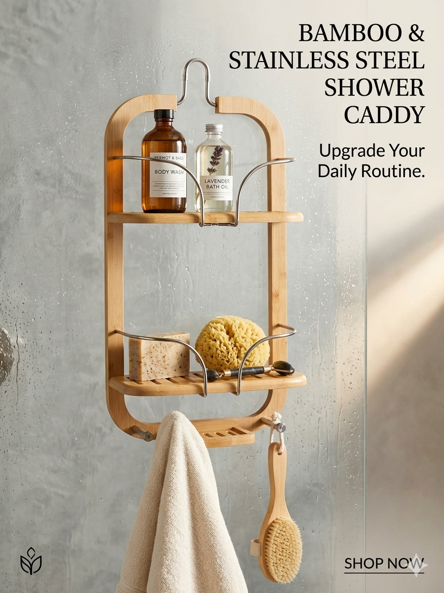SereneLife Bamboo Hanging Shower Caddy with 3 Tiers