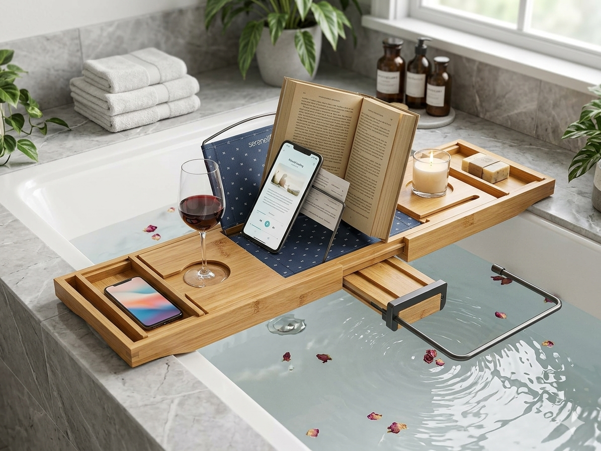 SereneLife Premium Bamboo Bathtub Tray Caddy
